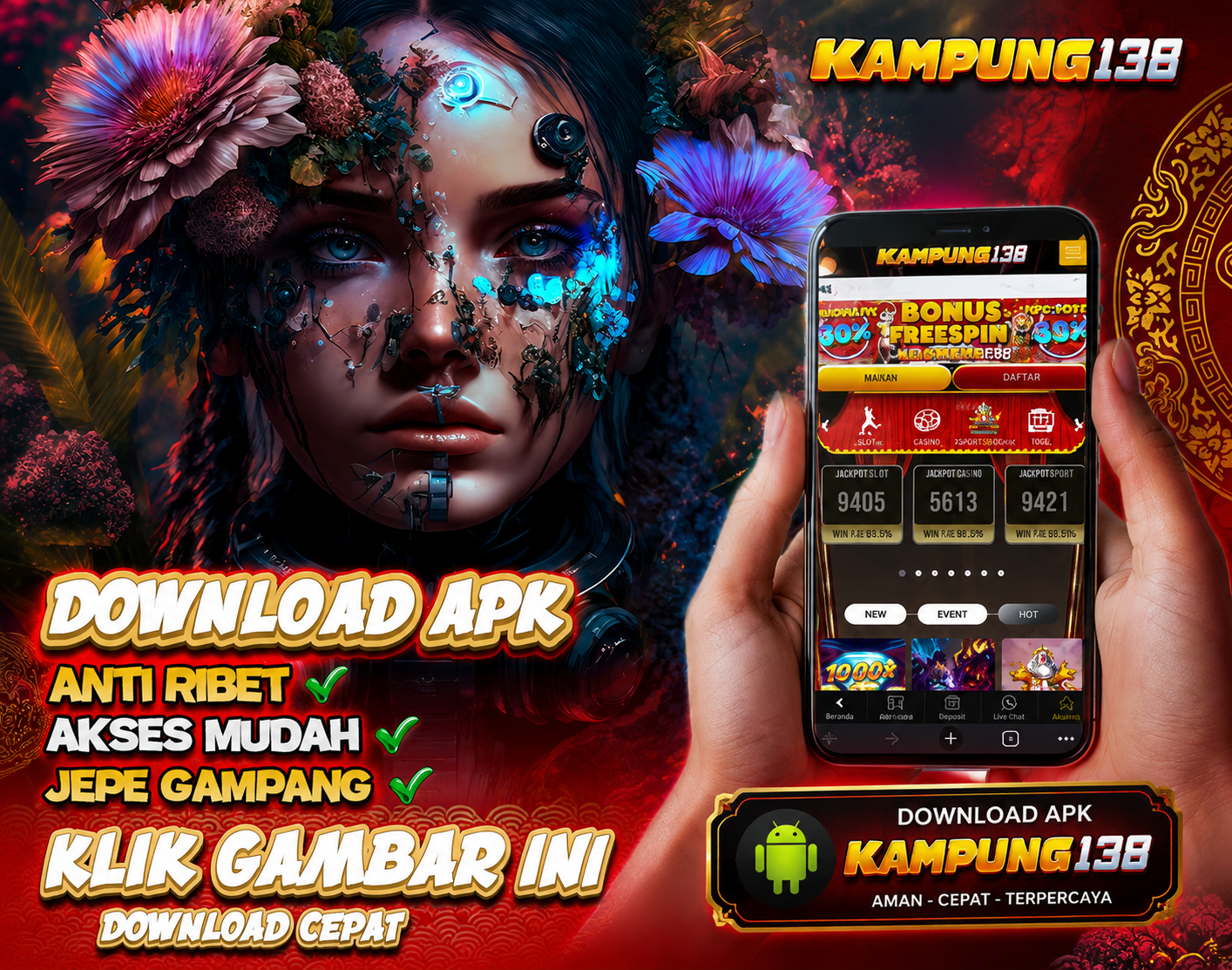 Banner promosi download APK KAMPUNG138 - anti ribet, akses mudah, jepe gampang